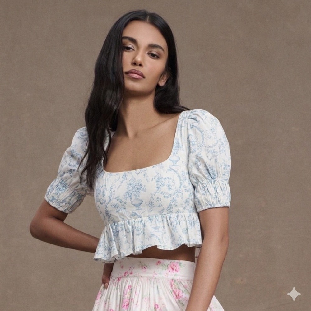 MAISON AMORY French Chateau Top Women 1XL White Blue Floral Puff Sleeve Ruffle